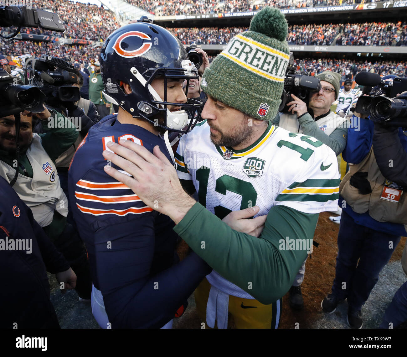 Chicago Bears quarterback Mitchell Trubisky (10) talks with Green Bay Packers quarterback Aaron Rodgers (12) after an NFL game at Soldier Field in Chicago on December 16, 2018. Photo by Kamil Krzaczynski/UPI Stock Photo