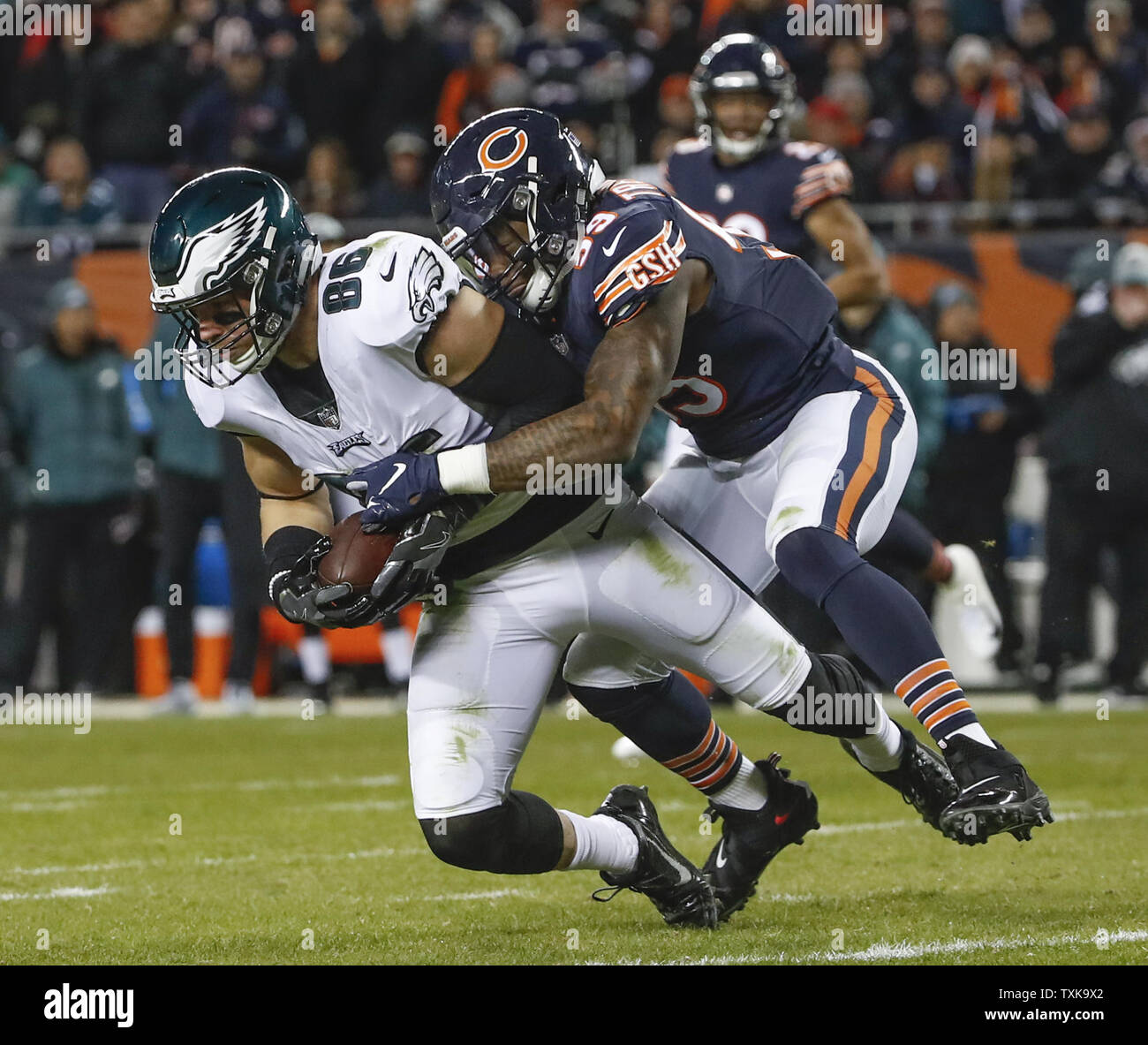 Philadelphia Eagles tight end Zach Ertz (86) is tackled by Chicago Bears inside linebacker Danny Trevathan (59) during the second half of an NFC Wild Card playoff game at Soldier Field in Chicago on January 6, 2019. Photo by Kamil Krzaczynski/UPI Stock Photo
