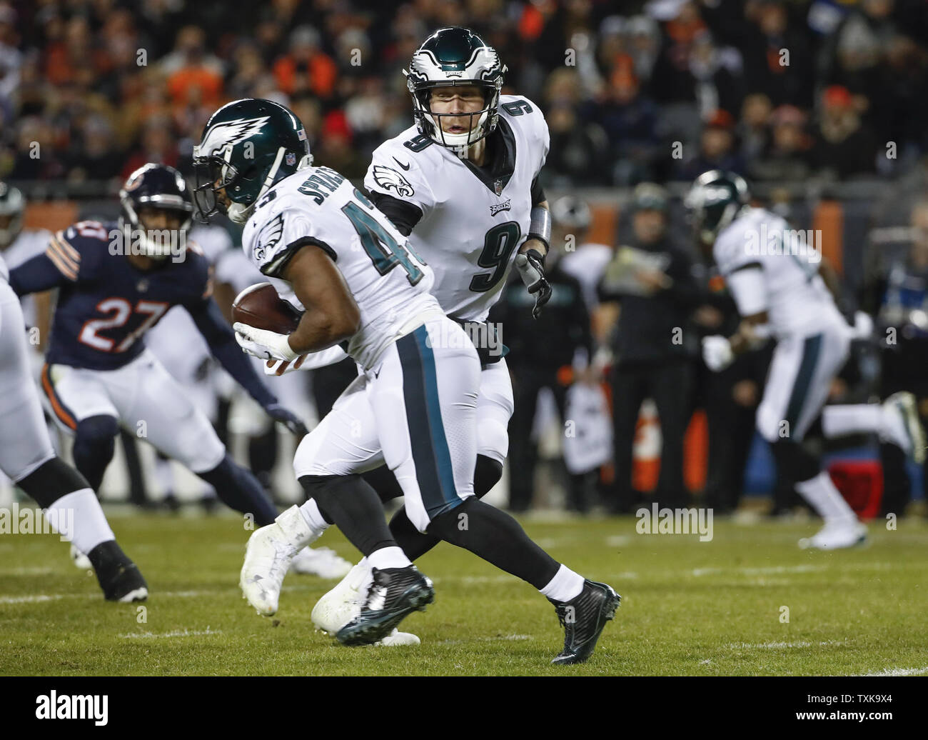 Philadelphia Eagles quarterback Nick Foles (9) passes the ball to running back Darren Sproles (43) against the Chicago Bears during the second half of an NFC Wild Card playoff game at Soldier Field in Chicago on January 6, 2019. Photo by Kamil Krzaczynski/UPI Stock Photo