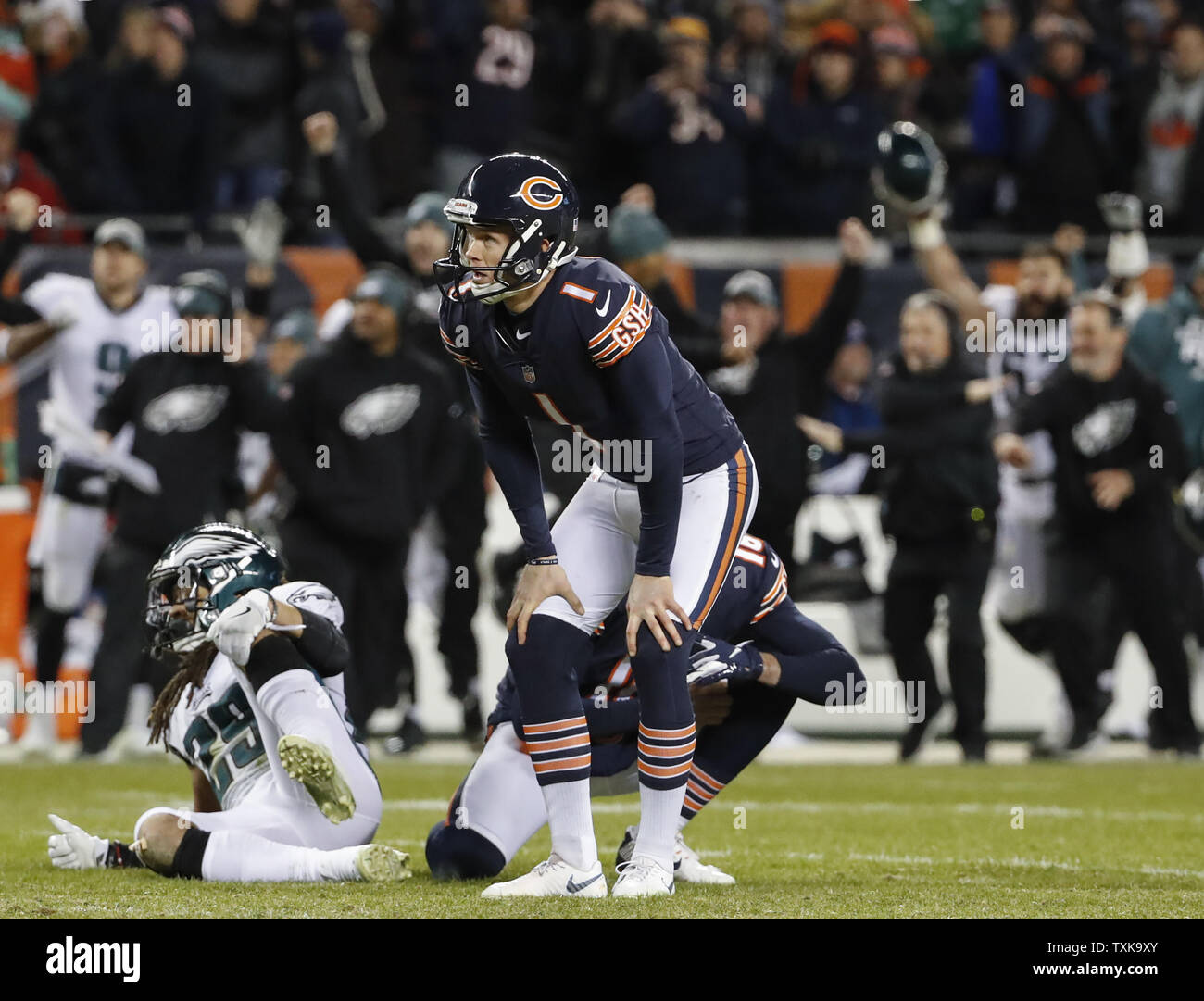Chicago Bears kicker Cody Parkey (1) reacts after missing what could have been a game-winning field goal against the Philadelphia Eagles during the final seconds of the game allowing the Eagels to upset the Bears 16-15 in their NFC Wild Card playoff game at Soldier Field in Chicago on January 6, 2019.    Photo by Kamil Krzaczynski/UPI Stock Photo