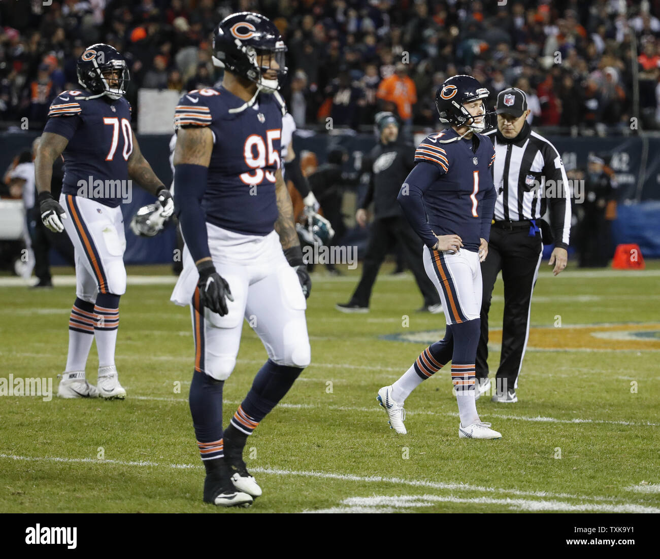 Chicago Bears kicker Cody Parkey (1) reacts after unsuccessful field goal attempt against the Philadelphia Eagles during the second half of an NFC Wild Card playoff game at Soldier Field in Chicago on January 6, 2019. Photo by Kamil Krzaczynski/UPI Stock Photo