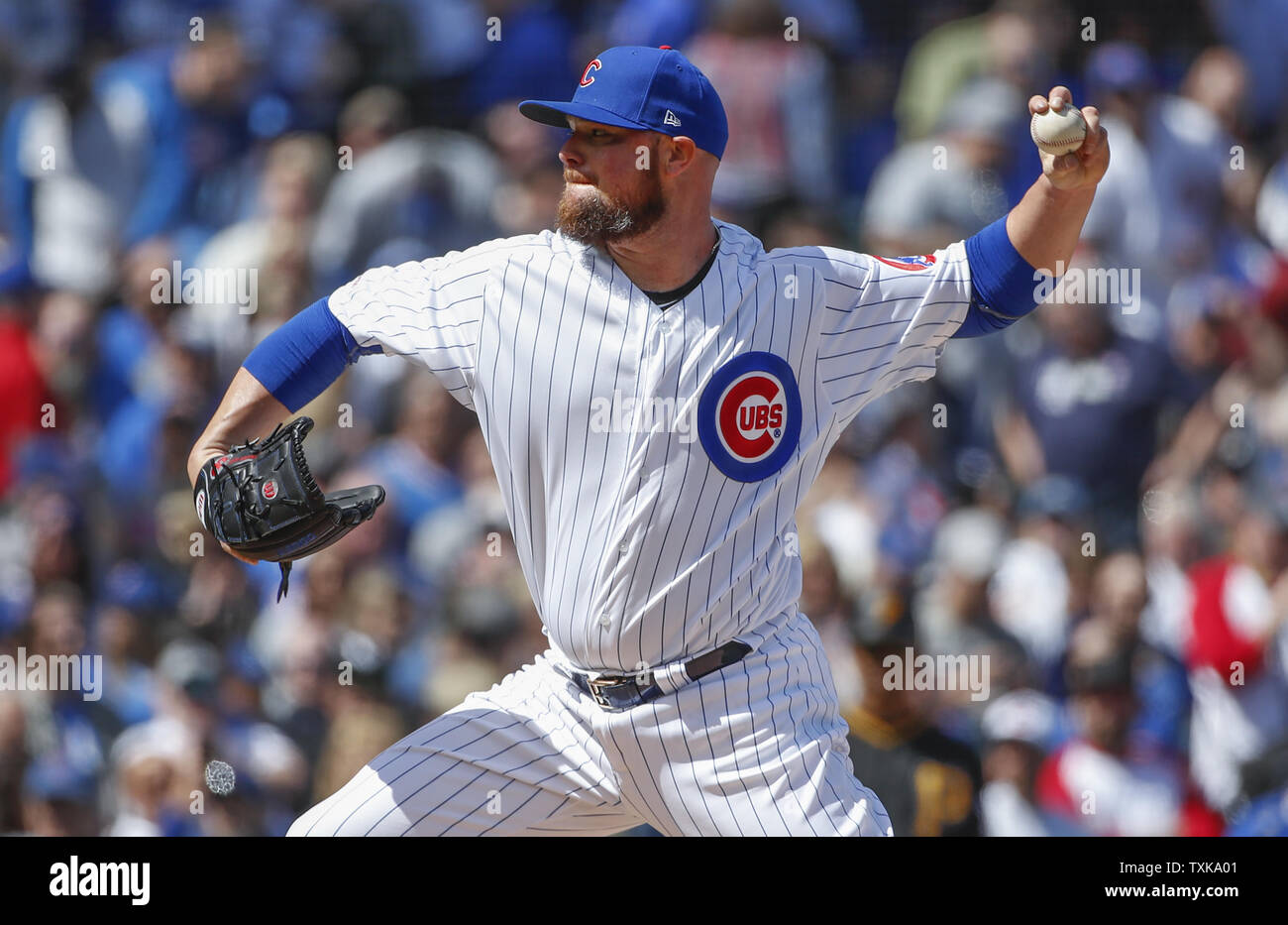 Chicago Cubs starting pitcher Jon Lester delivers against the Pittsburgh Pirates in the first inning in at Wrigley Field on April 8, 2019 in Chicago. Photo by Kamil Krzaczynski/UPI Stock Photo