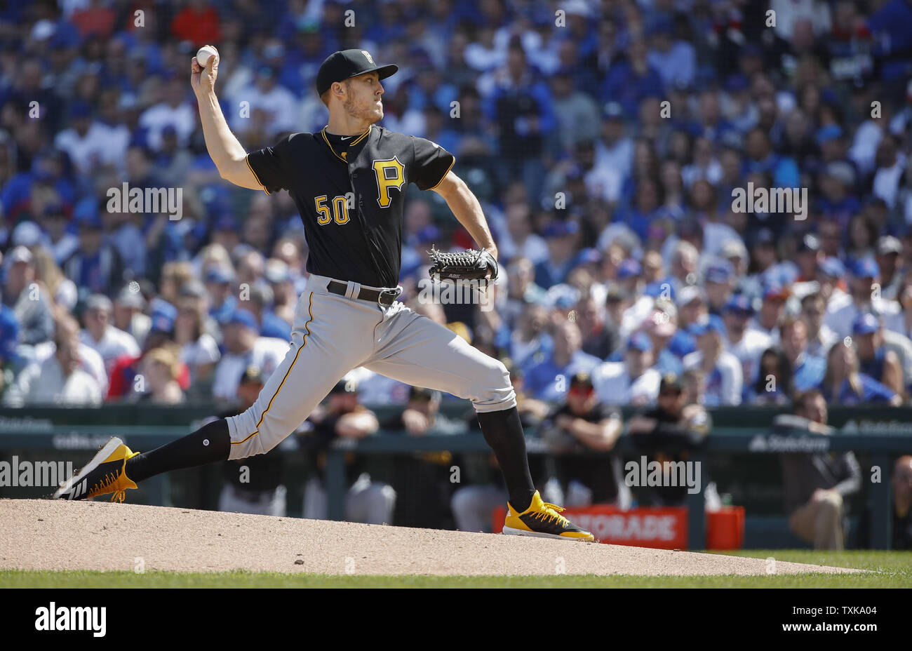Pittsburgh Pirates starting pitcher Jameson Taillon delivers against the Chicago Cubs in the first inning in at Wrigley Field on April 8, 2019 in Chicago. Photo by Kamil Krzaczynski/UPI Stock Photo