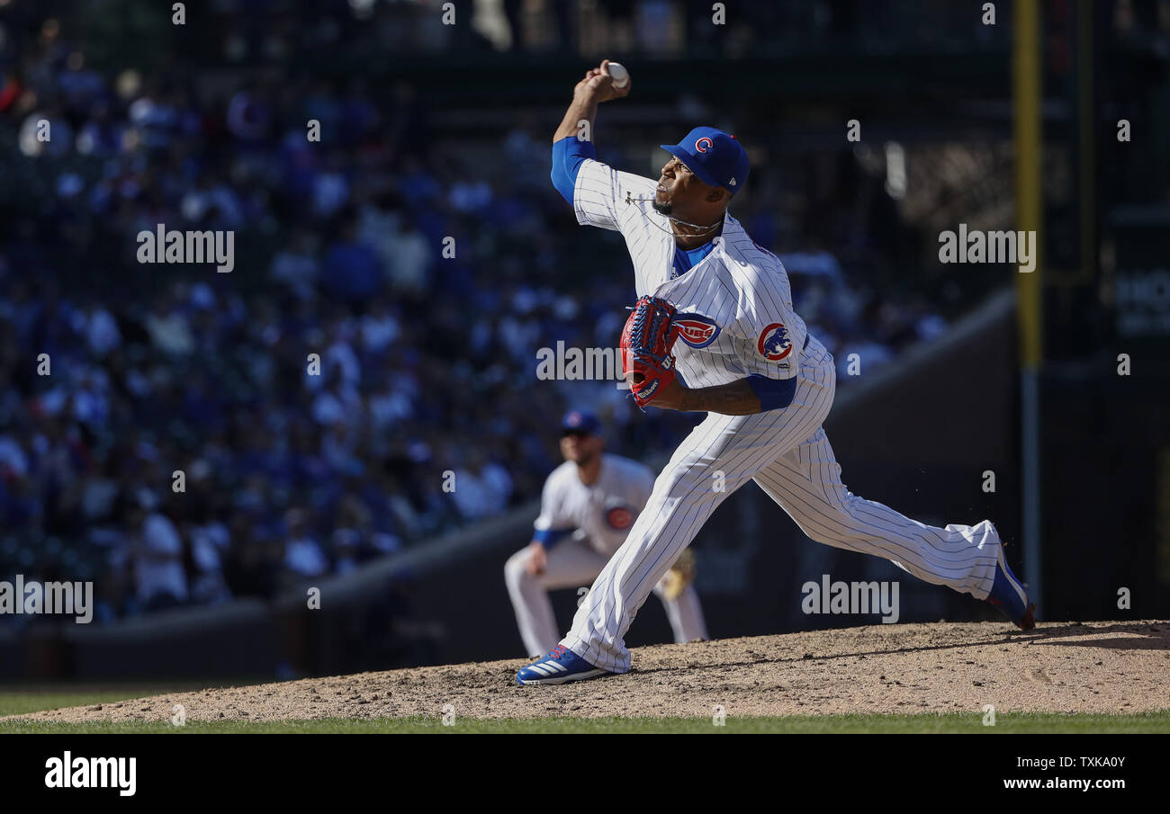Chicago Cubs relief pitcher Pedro Strop delivers in the ninth inning against the Pittsburgh Pirates in at Wrigley Field on April 8, 2019 in Chicago. Photo by Kamil Krzaczynski/UPI Stock Photo