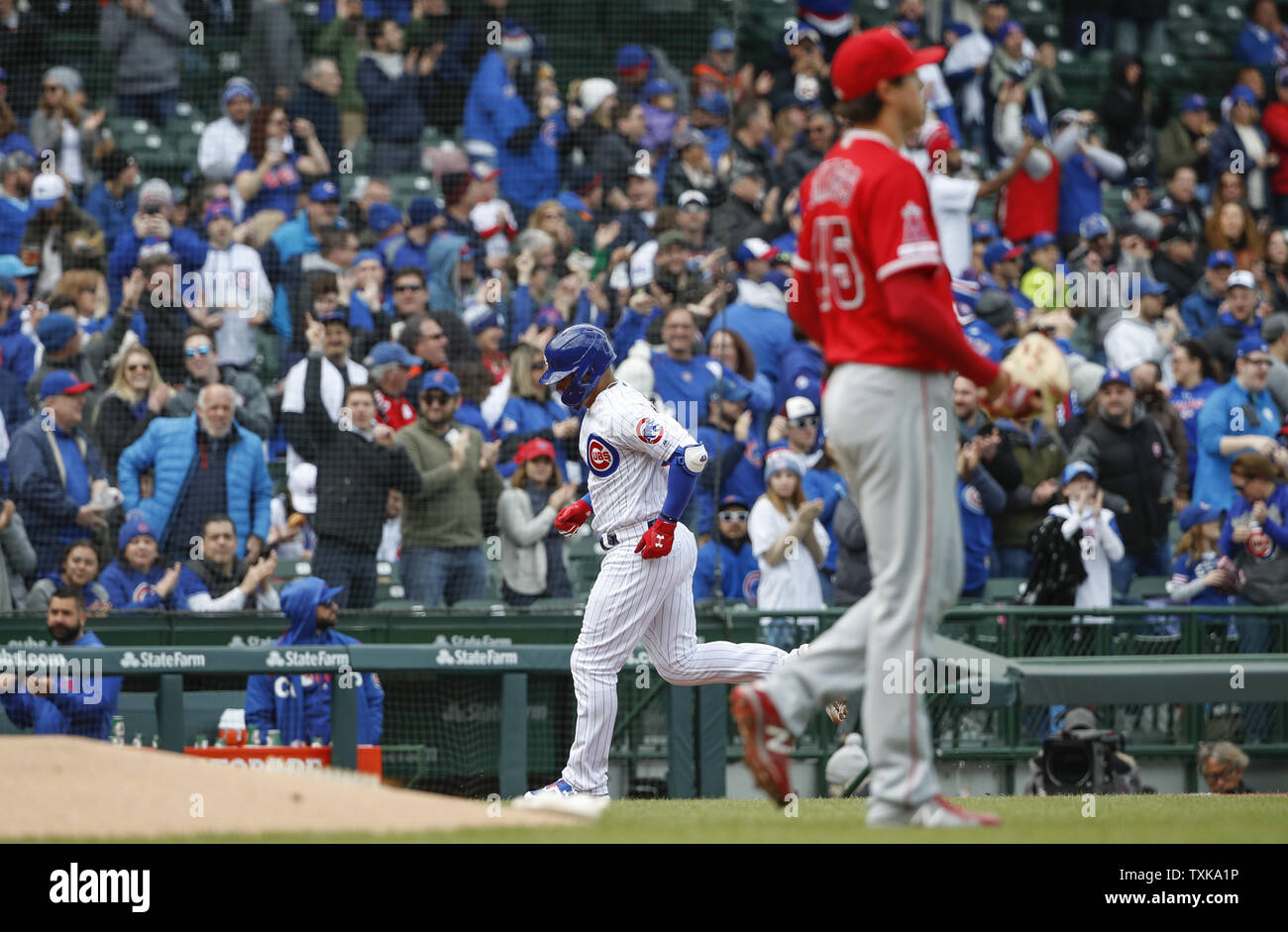 Chicago Cubs catcher Willson Contreras rounds the bases after hitting solo home run off of Los Angeles Angels starting pitcher Tyler Skaggs in the first inning at Wrigley Field on April 12, 2019 in Chicago. Photo by Kamil Krzaczynski/UPI Stock Photo