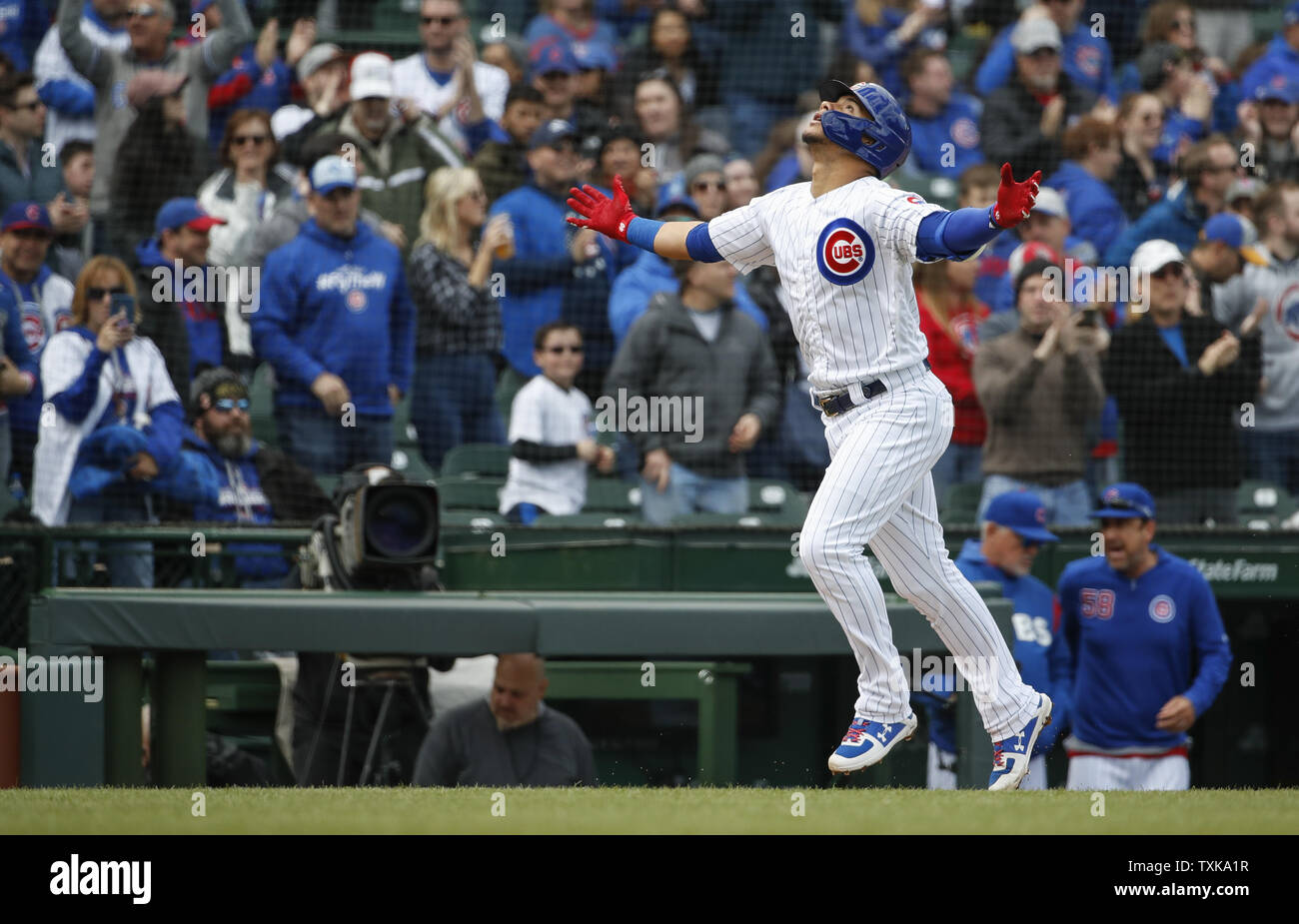 Chicago Cubs catcher Willson Contreras celebrates as he rounds the bases after hitting solo home run off of Los Angeles Angels starting pitcher Tyler Skaggs in the first inning at Wrigley Field on April 12, 2019 in Chicago. Photo by Kamil Krzaczynski/UPI Stock Photo