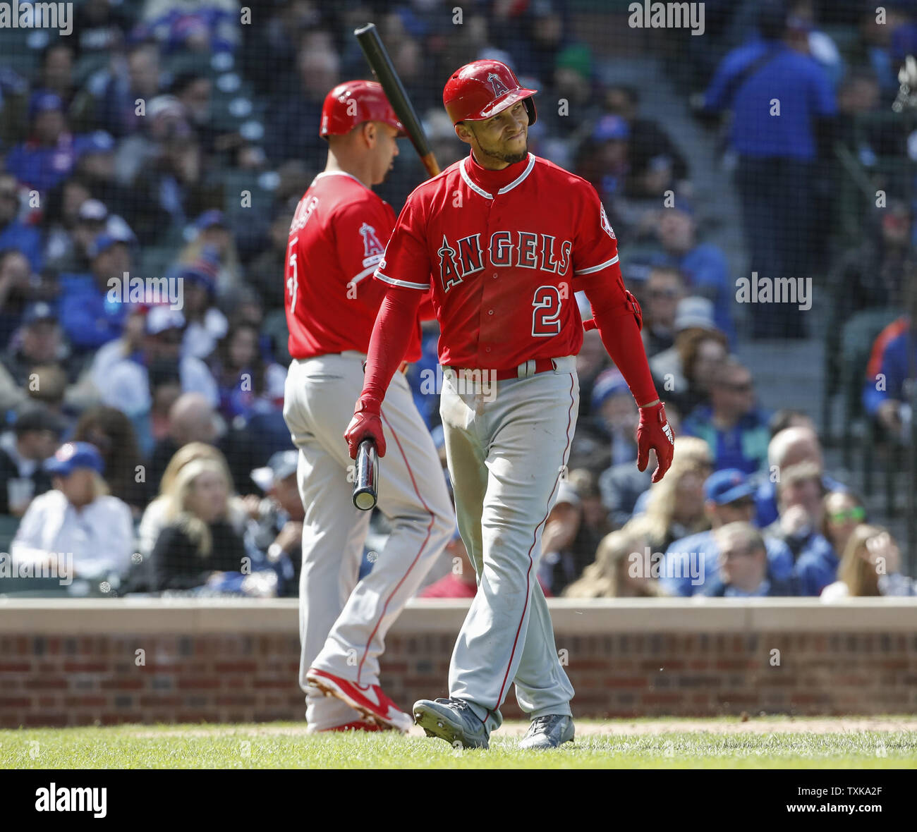 Los Angeles Angels shortstop Andrelton Simmons reacts after striking out against the Chicago Cubs in the sixth inning at Wrigley Field on April 12, 2019 in Chicago. Photo by Kamil Krzaczynski/UPI Stock Photo