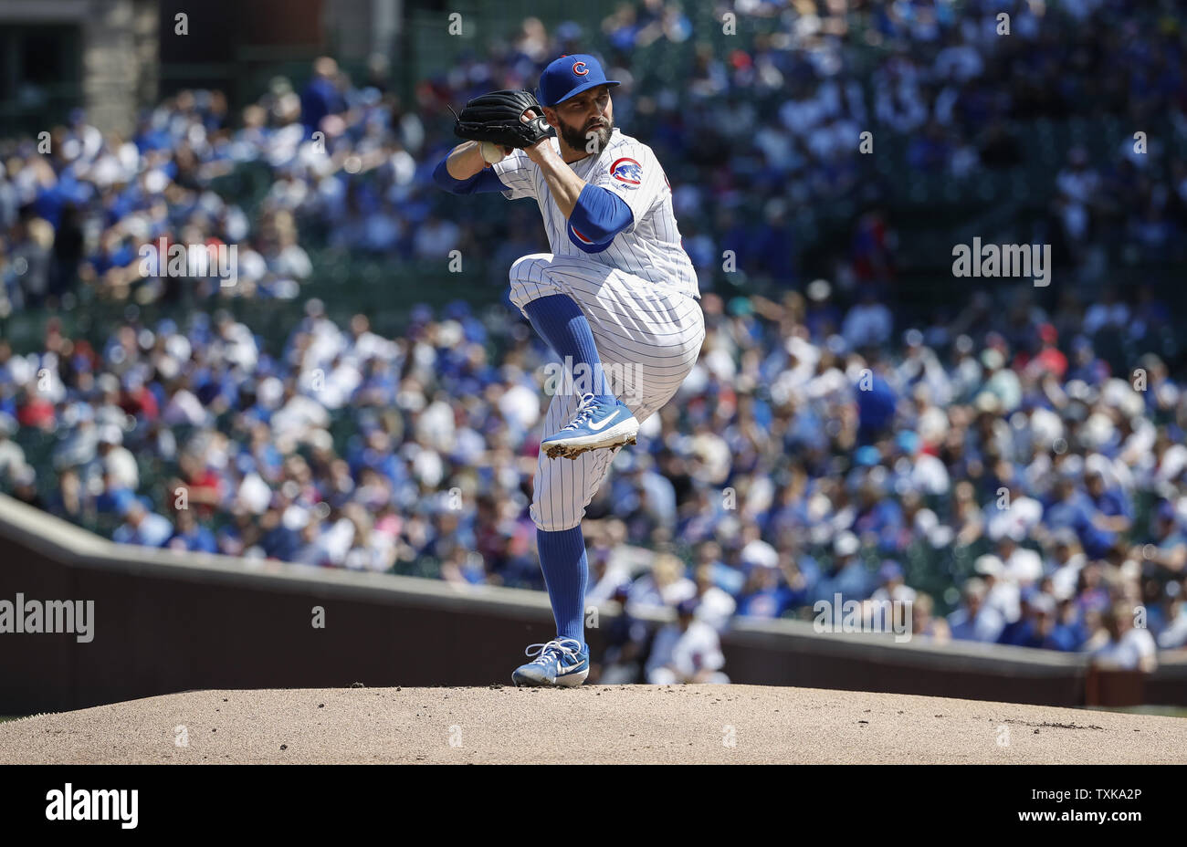 Chicago Cubs starting pitcher Tyler Chatwood delivers against the Arizona Diamondbacks in the first inning in at Wrigley Field on April 21, 2019 in Chicago. Photo by Kamil Krzaczynski/UPI Stock Photo