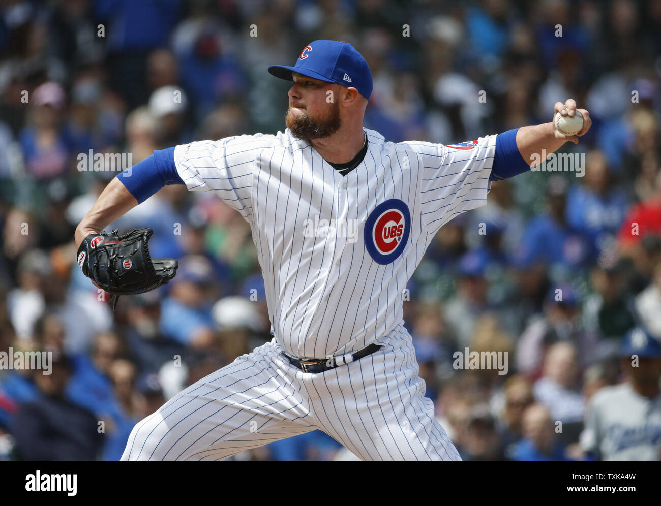 Chicago Cubs starting pitcher Jon Lester delivers against the Los Angeles Dodgers in the first inning at Wrigley Field on April 25, 2019 in Chicago. Photo by Kamil Krzaczynski/UPI Stock Photo