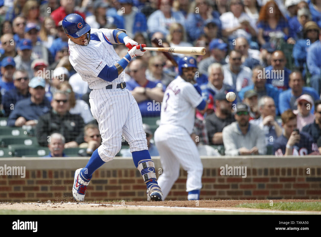 Chicago Cubs shortstop Javier Baez singles against the Los Angeles Dodgers in the first inning at Wrigley Field on April 25, 2019 in Chicago. Photo by Kamil Krzaczynski/UPI Stock Photo