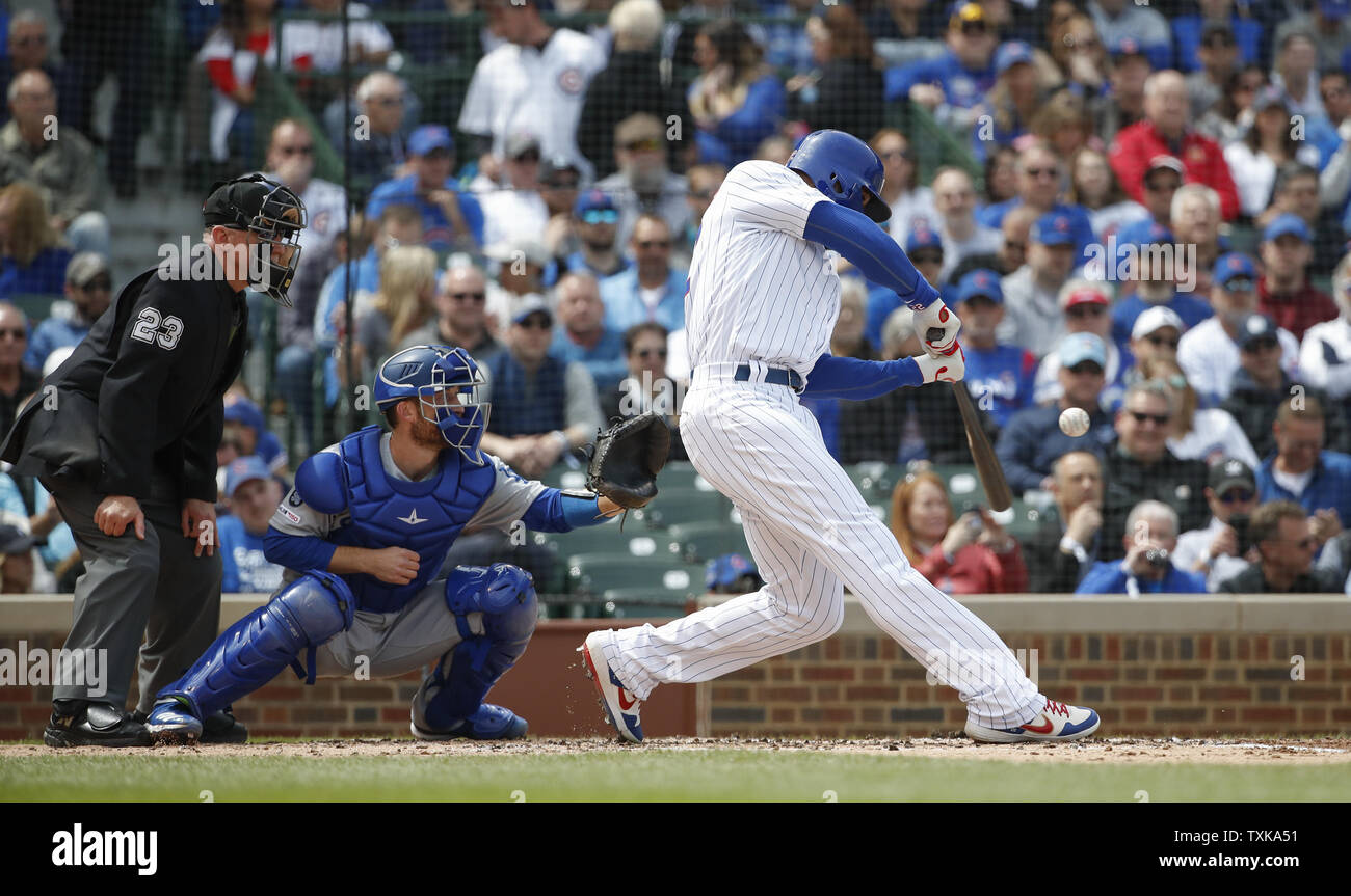 Chicago Cubs right fielder Jason Heyward singles against the Los Angeles Dodgers in the second inning at Wrigley Field on April 25, 2019 in Chicago. Photo by Kamil Krzaczynski/UPI Stock Photo