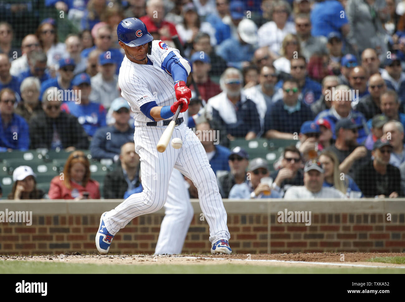 Chicago Cubs catcher Willson Contreras singles against the Los Angeles Dodgers in the second inning at Wrigley Field on April 25, 2019 in Chicago. Photo by Kamil Krzaczynski/UPI Stock Photo