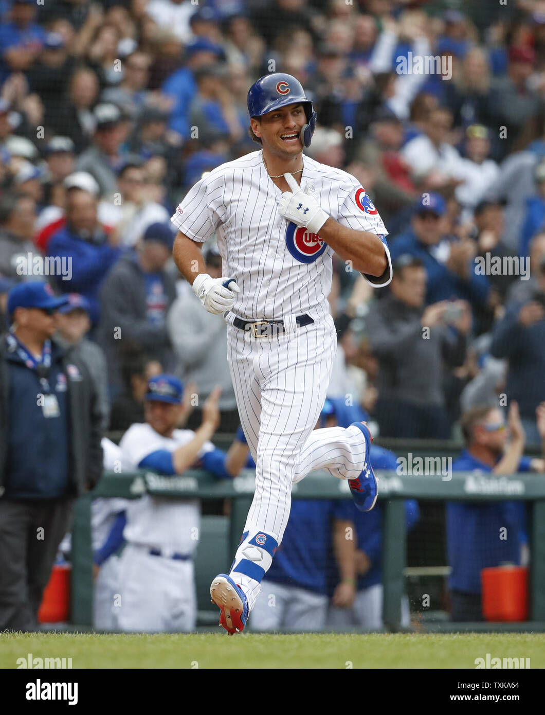 Chicago Cubs center fielder Albert Almora Jr. rounds the bases after hitting a solo home run against the Los Angeles Dodgers in the ninth inning at Wrigley Field on April 25, 2019 in Chicago. Photo by Kamil Krzaczynski/UPI Stock Photo