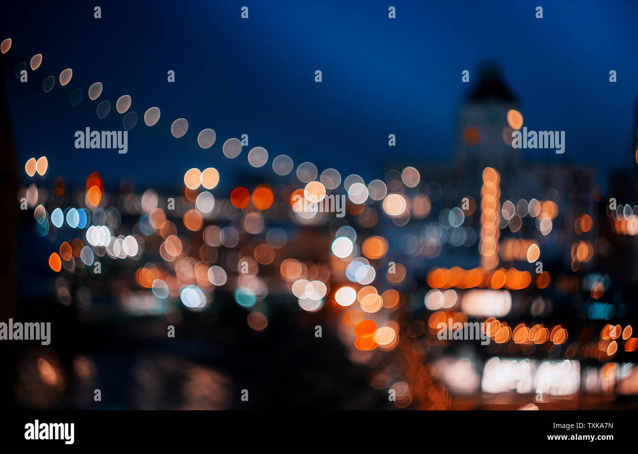 Skyline of downtown New York Manhattan abstract blurred lights bokeh