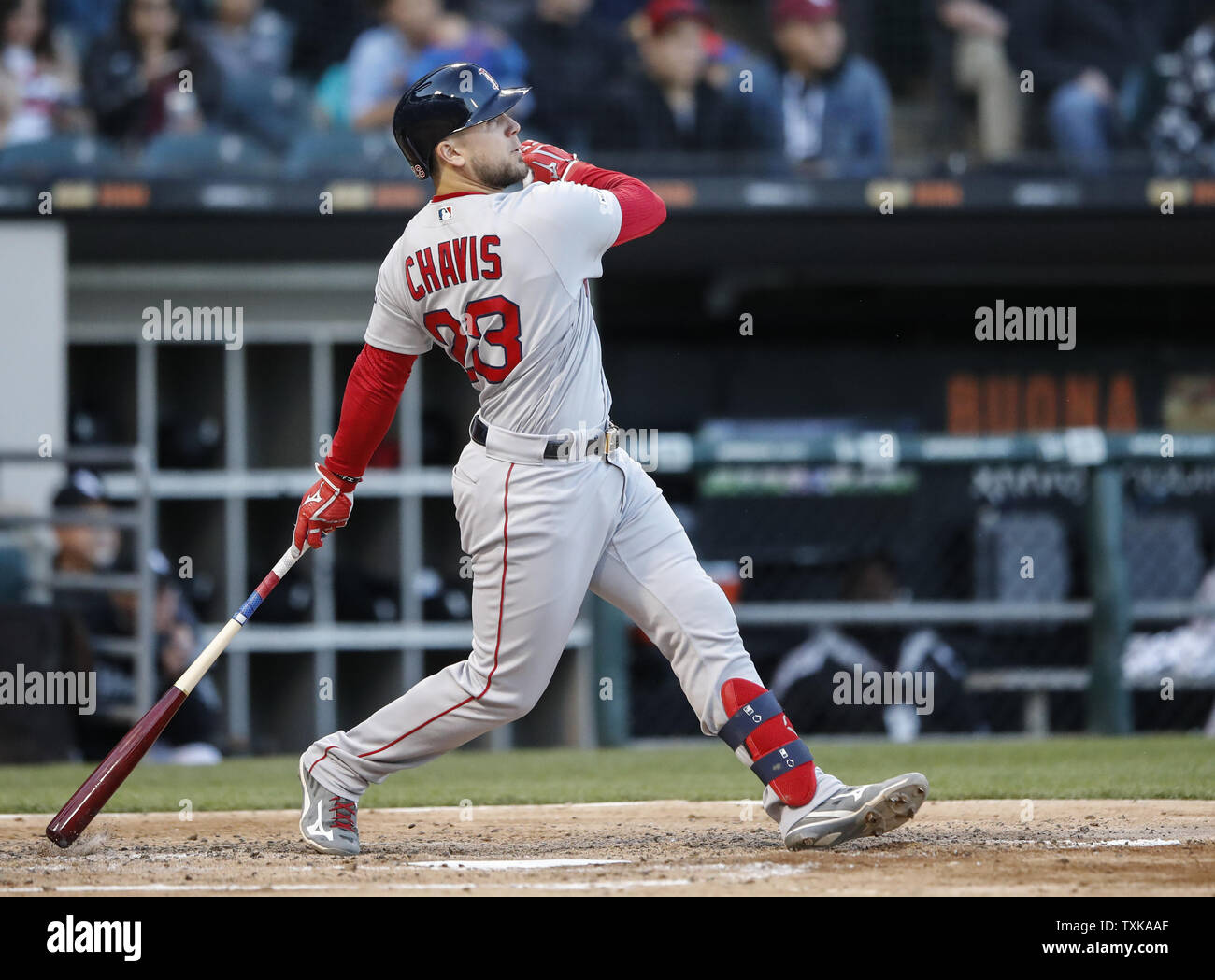 Boston Red Sox's Michael Chavis hits a solo home run off of Chicago White Sox starting pitcher Manny Banuelos in the third inning at Guaranteed Rate Field on May 4, 2019 in Chicago. Photo by Kamil Krzaczynski/UPI Stock Photo