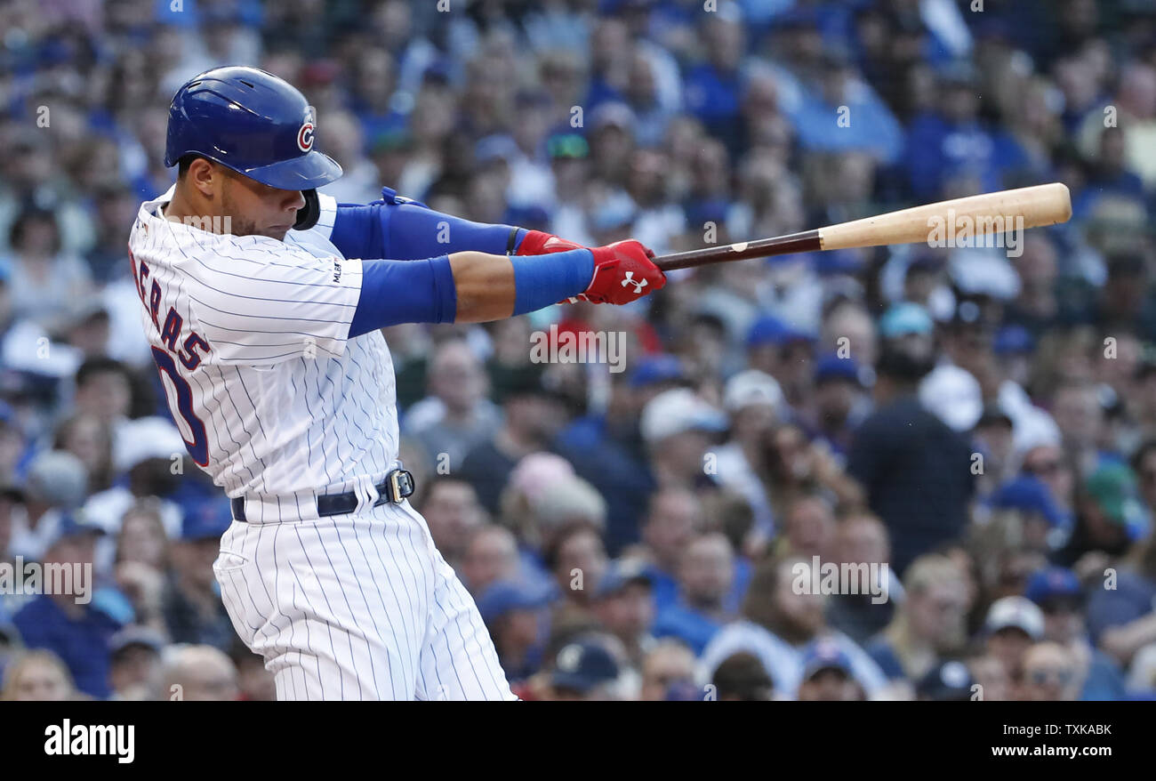 Chicago Cubs' Willson Contreras hits a solo home run against the St. Louis Cardinals in the second inning at Wrigley Field on May 5, 2019 in Chicago. Photo by Kamil Krzaczynski/UPI Stock Photo