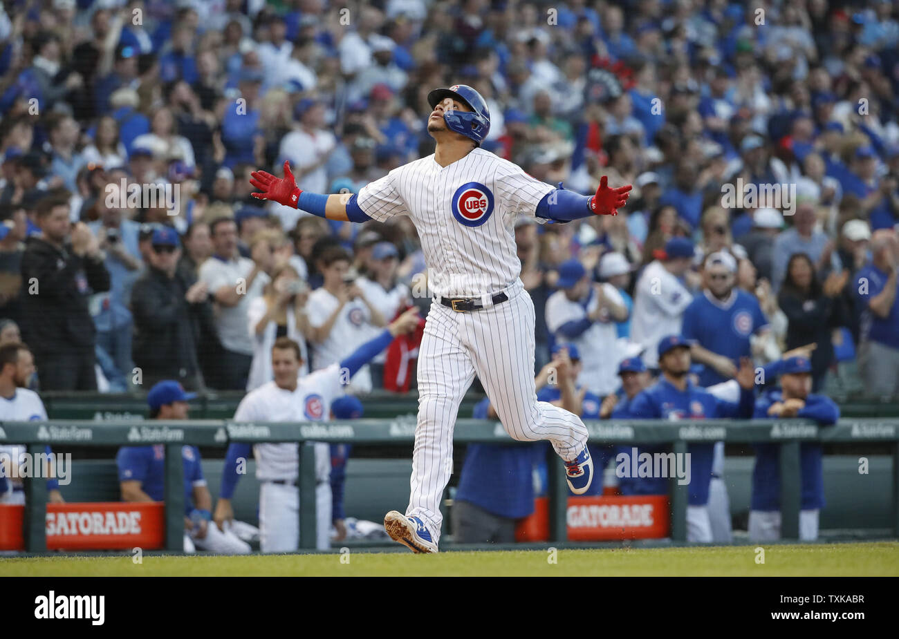 Chicago Cubs' Willson Contreras rounds the bases after hitting a solo home run against the St. Louis Cardinals in the second inning at Wrigley Field on May 5, 2019 in Chicago. Photo by Kamil Krzaczynski/UPI Stock Photo