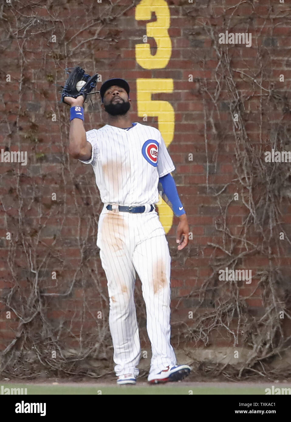 Chicago Cubs' Jason Heyward catches the fly ball hit by St. Louis Cardinals' Paul DeJong in the third inning at Wrigley Field on May 5, 2019 in Chicago. Photo by Kamil Krzaczynski/UPI Stock Photo