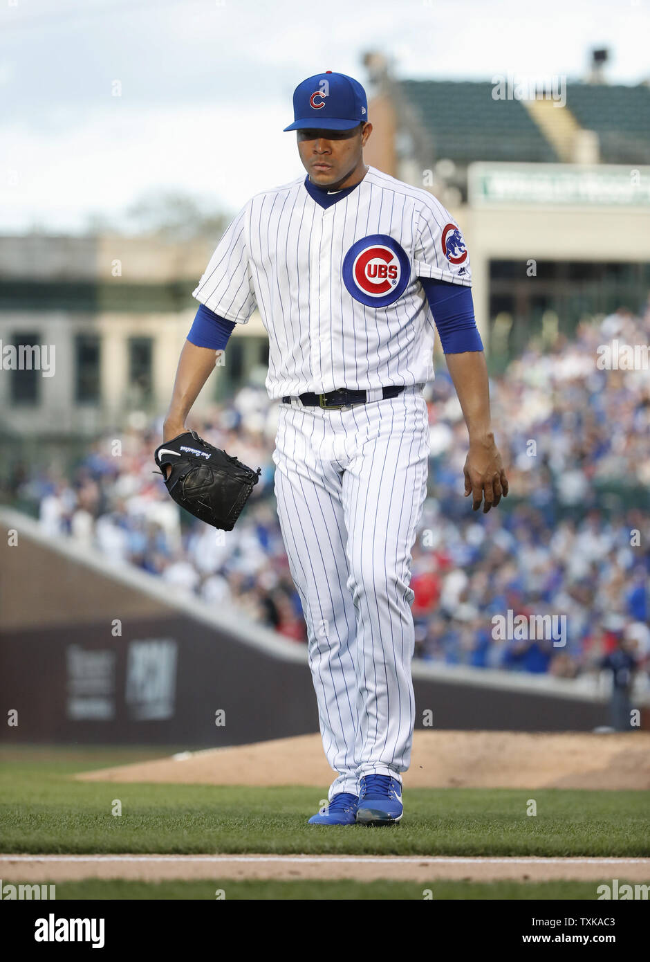 Chicago Cubs starting pitcher Jose Quintana returns to the dugout after delivering against the St. Louis Cardinals in the third inning at Wrigley Field on May 5, 2019 in Chicago. Photo by Kamil Krzaczynski/UPI Stock Photo