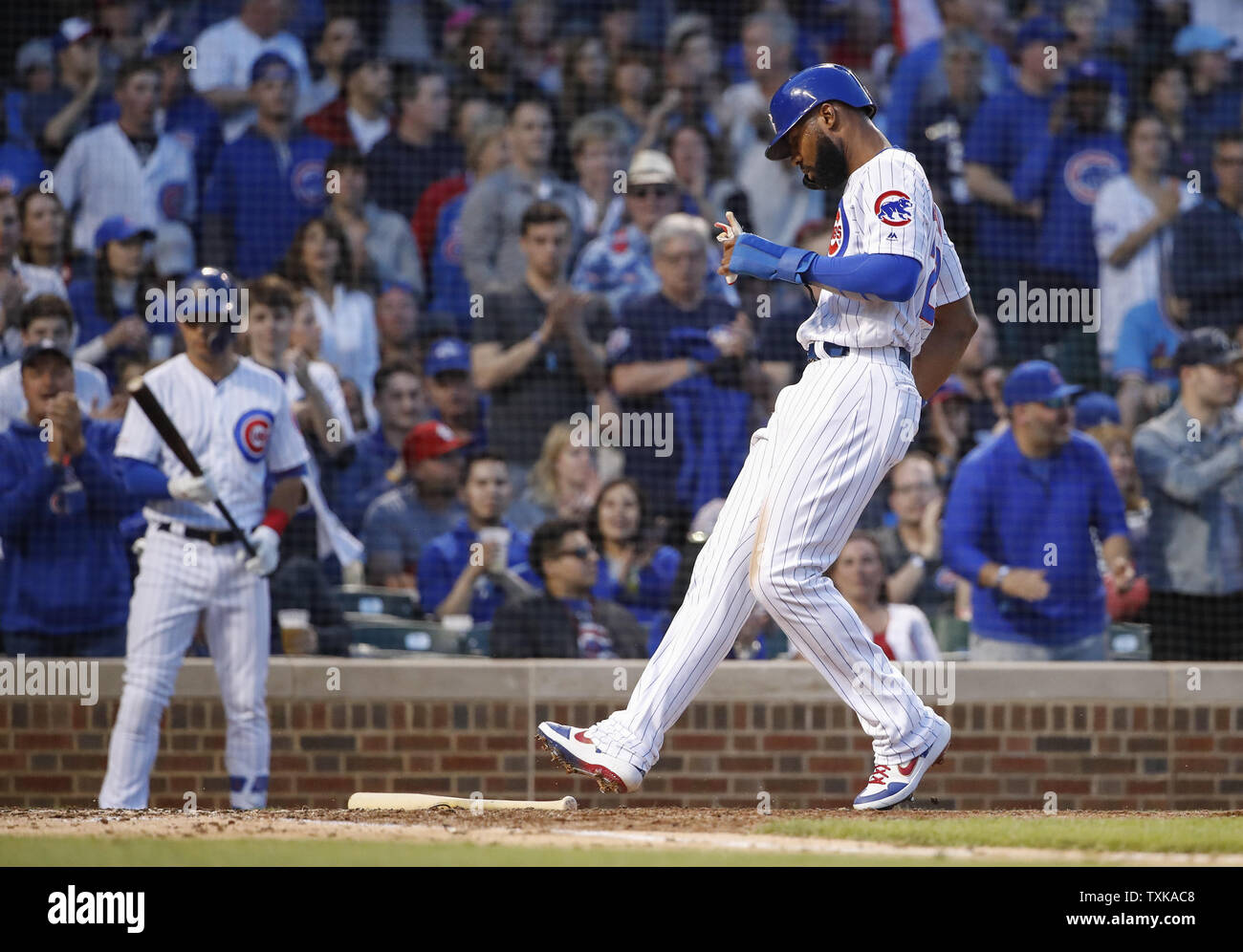 Chicago Cubs' Jason Heyward scores against the St. Louis Cardinals in the fifth inning at Wrigley Field on May 5, 2019 in Chicago. Photo by Kamil Krzaczynski/UPI Stock Photo