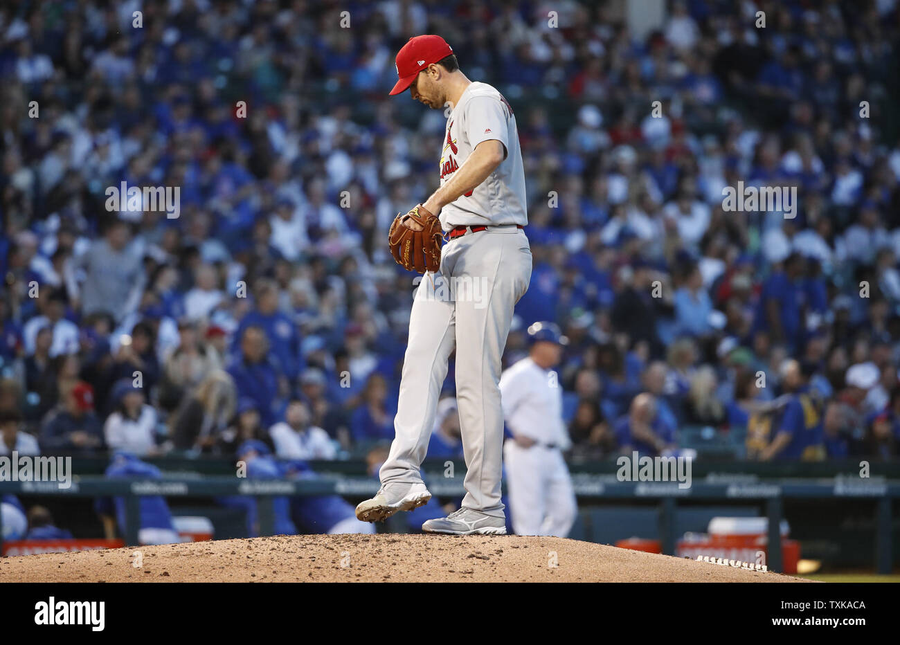 St. Louis Cardinals starting pitcher Adam Wainwright reacts after giving up a scoring run against the Chicago Cubs in the fifth inning at Wrigley Field on May 5, 2019 in Chicago. Photo by Kamil Krzaczynski/UPI Stock Photo