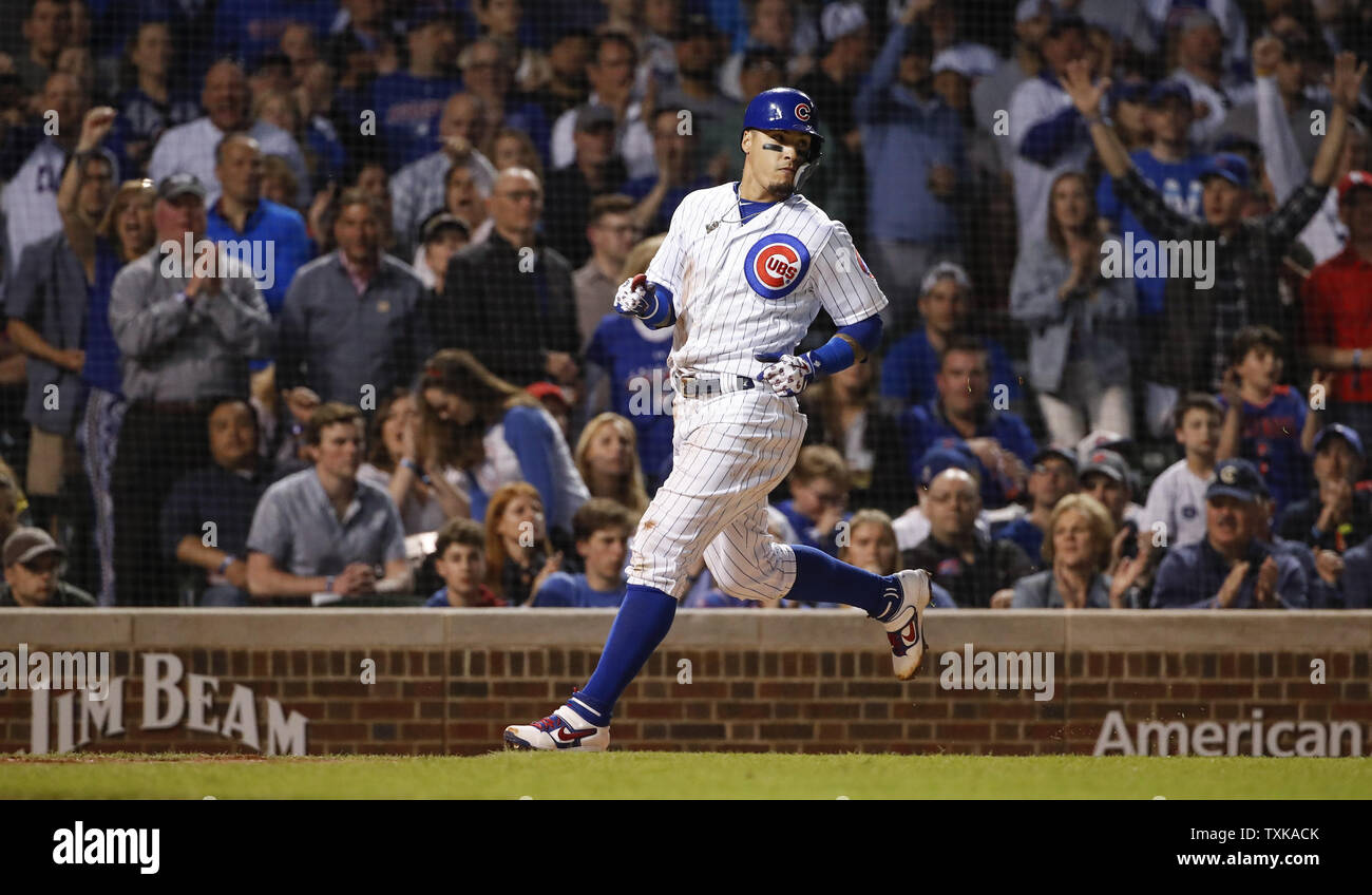 Chicago Cubs' Javier Baez scores on a single hit by Willson Contreras against the St. Louis Cardinals in the sixth inning at Wrigley Field on May 5, 2019 in Chicago. Photo by Kamil Krzaczynski/UPI Stock Photo