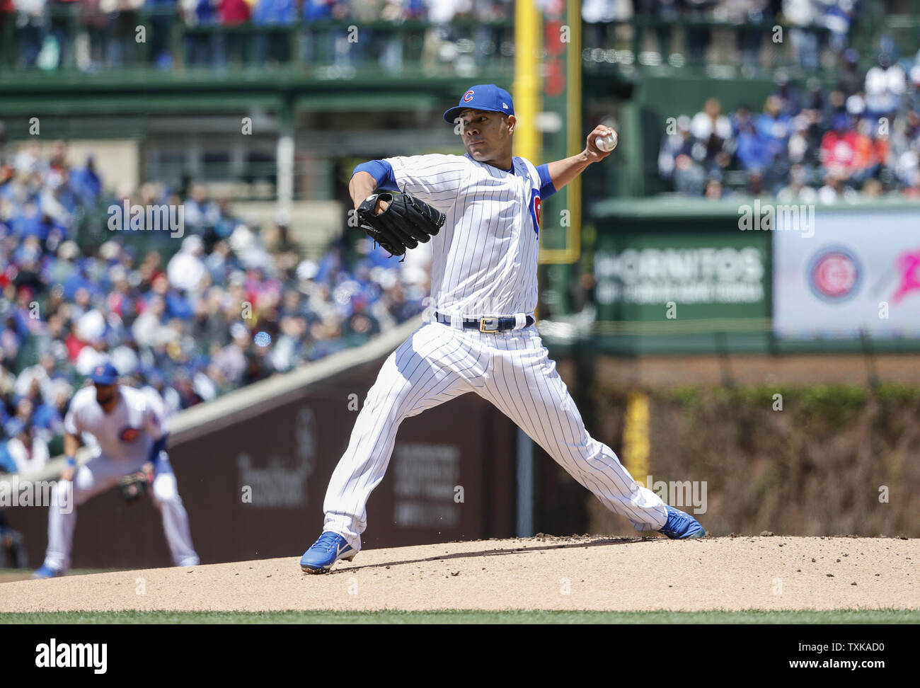 Chicago Cubs starting pitcher Jose Quintana delivers against the Milwaukee Brewers in the first inning at Wrigley Field on May 10, 2019 in Chicago. Photo by Kamil Krzaczynski/UPI Stock Photo