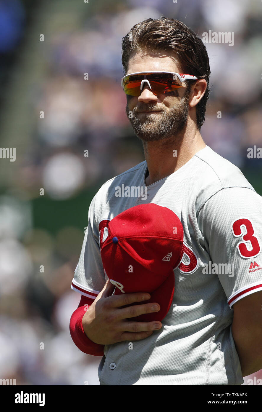 Philadelphia Phillies' Bryce Harper smiles before a baseball game against the Chicago Cubs on May 23, 2019 in Chicago. Photo by Kamil Krzaczynski/UPI Stock Photo