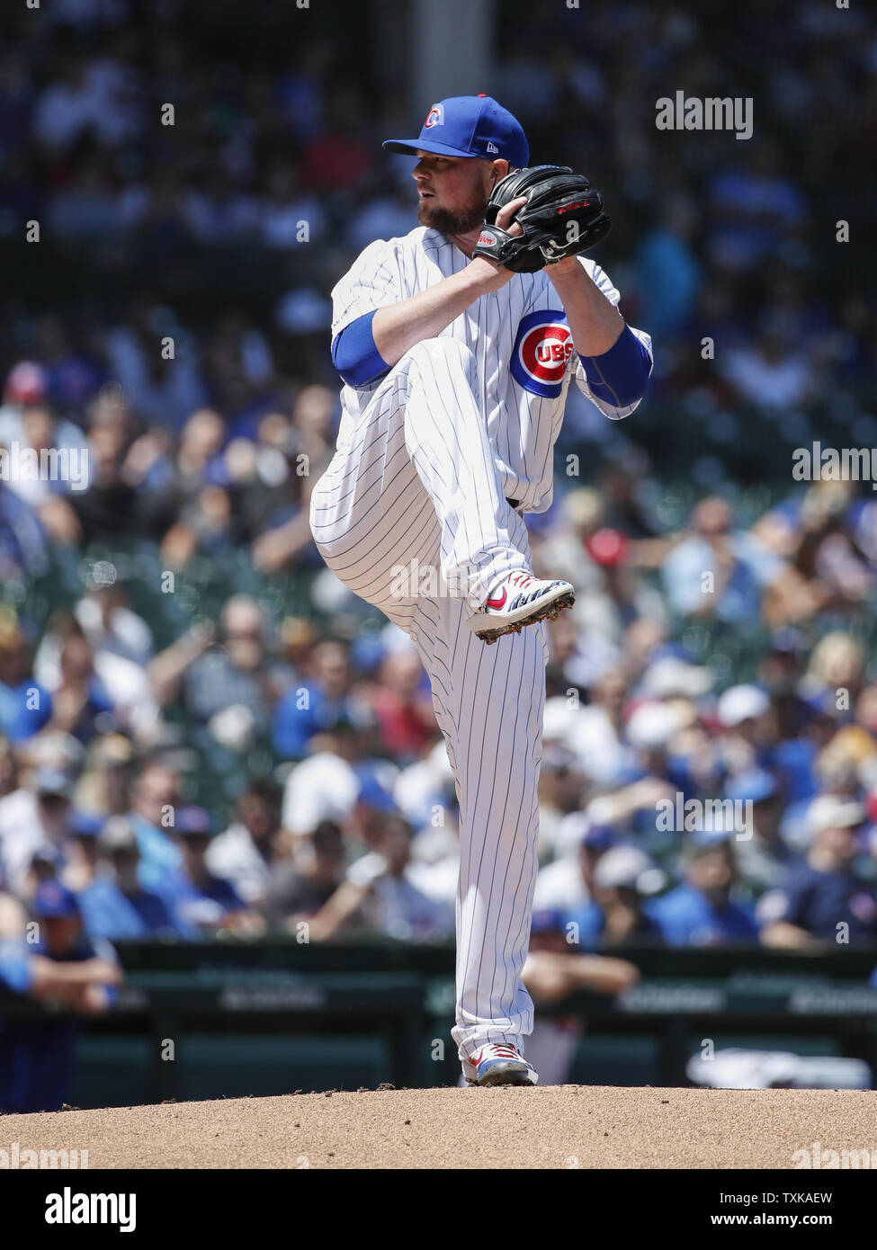 Chicago Cubs starting pitcher Jon Lester delivers against the Philadelphia Phillies in the first inning at Wrigley Field on May 23, 2019 in Chicago. Photo by Kamil Krzaczynski/UPI Stock Photo