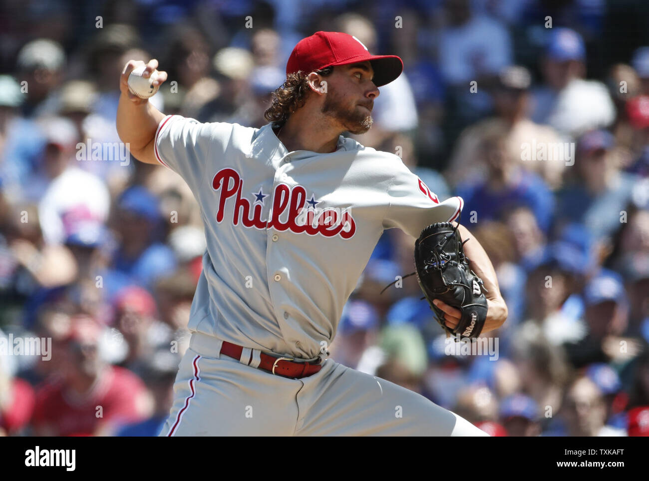 Philadelphia Phillies starting pitcher Aaron Nola delivers against the Chicago Cubs in the second inning at Wrigley Field on May 23, 2019 in Chicago. Photo by Kamil Krzaczynski/UPI Stock Photo