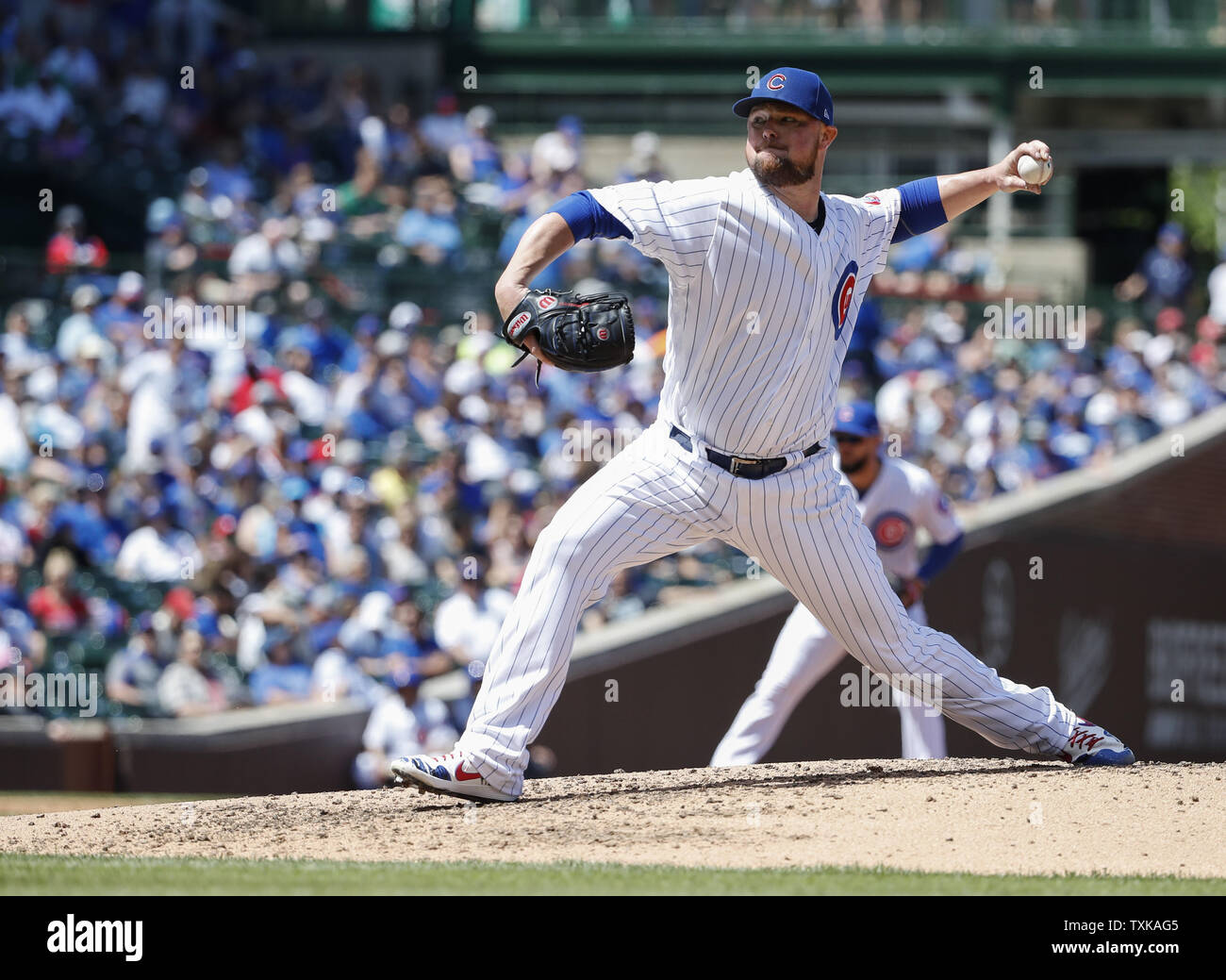 Chicago Cubs starting pitcher Jon Lester delivers against the Philadelphia Phillies in the fourth inning at Wrigley Field on May 23, 2019 in Chicago. Photo by Kamil Krzaczynski/UPI Stock Photo