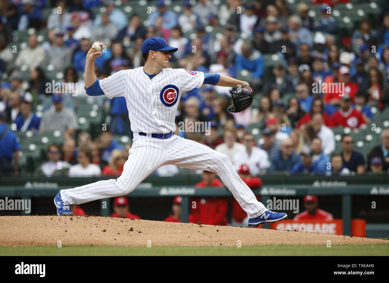 Chicago Cubs starting pitcher Kyle Hendricks delivers against the Cincinnati Reds in the first inning at Wrigley Field on May 24, 2019 in Chicago. Photo by Kamil Krzaczynski/UPI Stock Photo