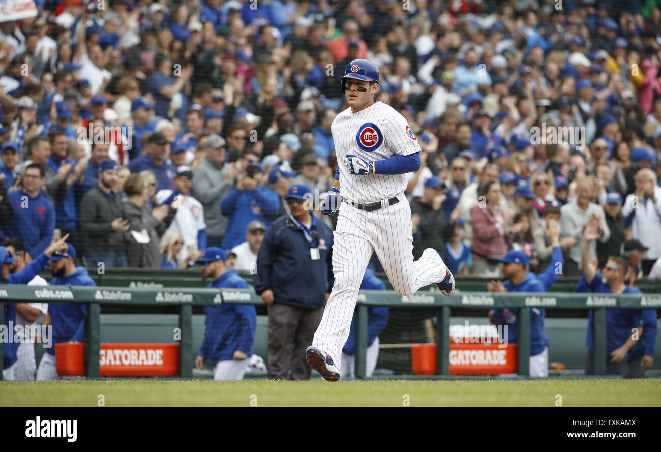 Chicago Cubs' Anthony Rizzo rounds the bases after hitting a solo home run against the Cincinnati Reds in the third inning at Wrigley Field on May 24, 2019 in Chicago. Photo by Kamil Krzaczynski/UPI Stock Photo