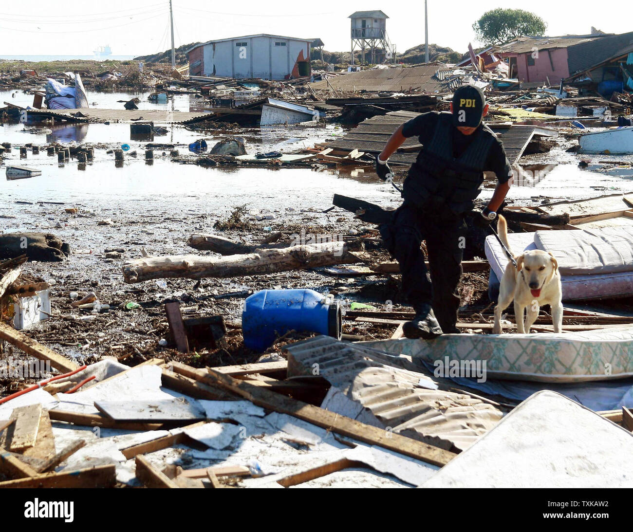 An officer searches for victims of a massive flooding following the Chilean earthquake in San Antonio, Chile on March 3, 2010. Areas of Chile have been devastated and hundreds have died after an 8.8 magnitude earthquake struck the country on February 27. UPI/Juan Francisco Jana Stock Photo