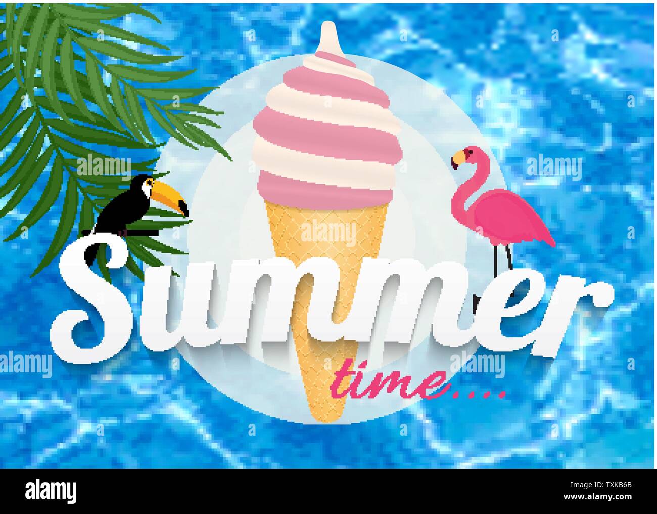 Abstract Summer Time Background with Flamingo and Toucan. Vector ...