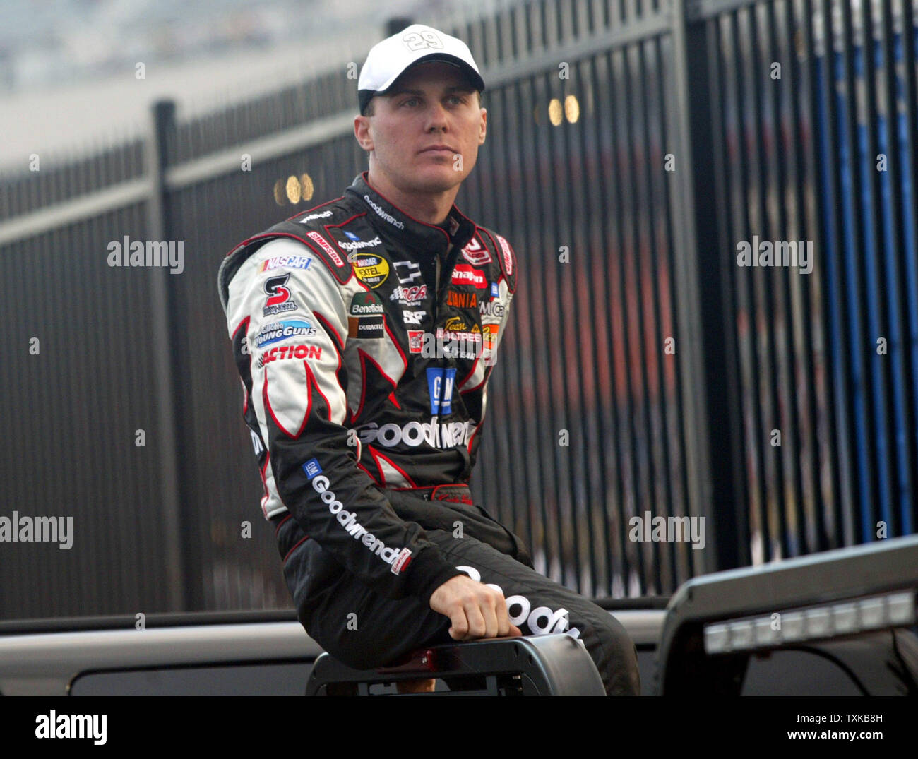 Kevin Harvick, driver of the GM Goodwrench Chevrolet, watches qualifying for the NASCAR Nextel All-Star Challenge at Lowe's Motor Speedway in Concord, NC on May 20, 2005.  (UPI Photo/Nell Redmond) Stock Photo