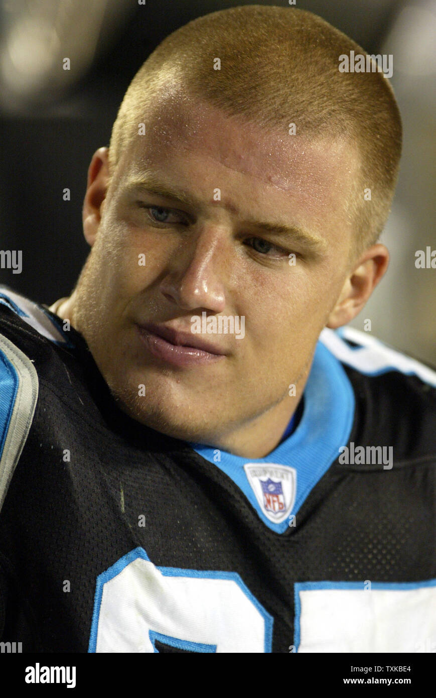 Carolina Panthers defensive tackle Jordan Carstens watches the action from  the sidelines against the Green Bay Packers in the second half at the Bank  of America Stadium in Charlotte, N.C. on Oct.