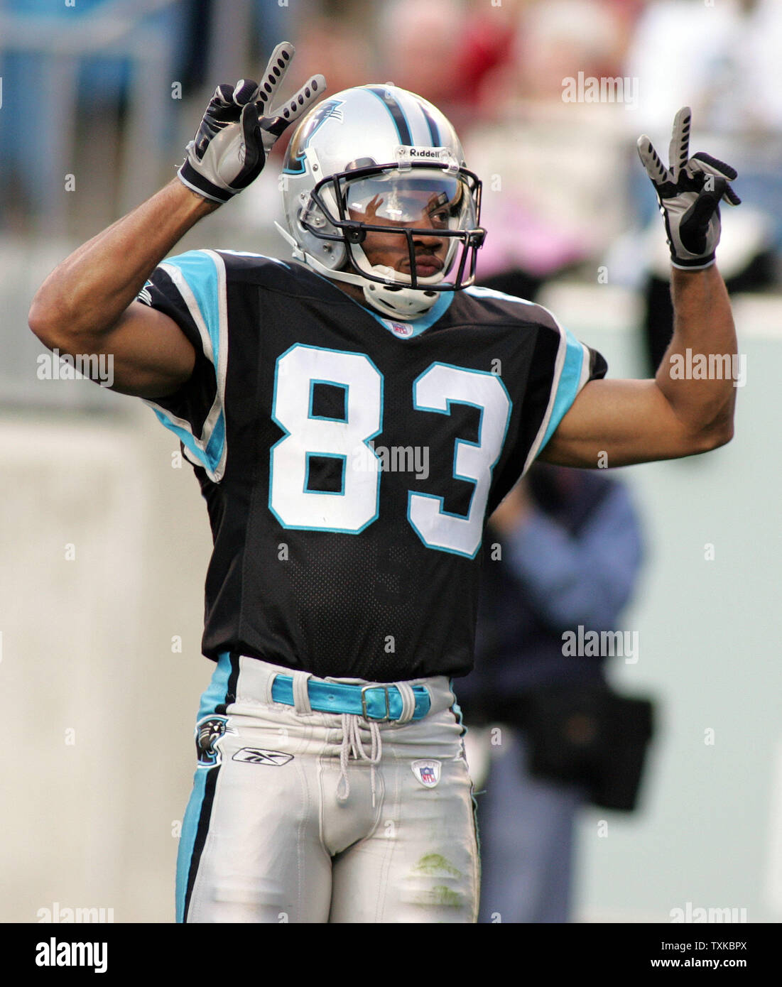 Carolina Panthers wide receiver Keary Colbert (83) celebrates his first quarter touchdown catch against the New York Jets at Bank of America Stadium November 13, 2005 in Charlotte, NC.   (UPI Photo/Bob Carey) Stock Photo
