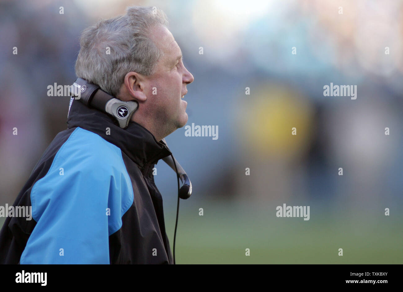 Carolina Panthers head coach John Fox watches his team lose 20-10 to NFC South Division foe Tampa Bay Buccaneers at Bank of America Stadium on December 11, 2005.  (UPI Photo/Bob Carey) Stock Photo