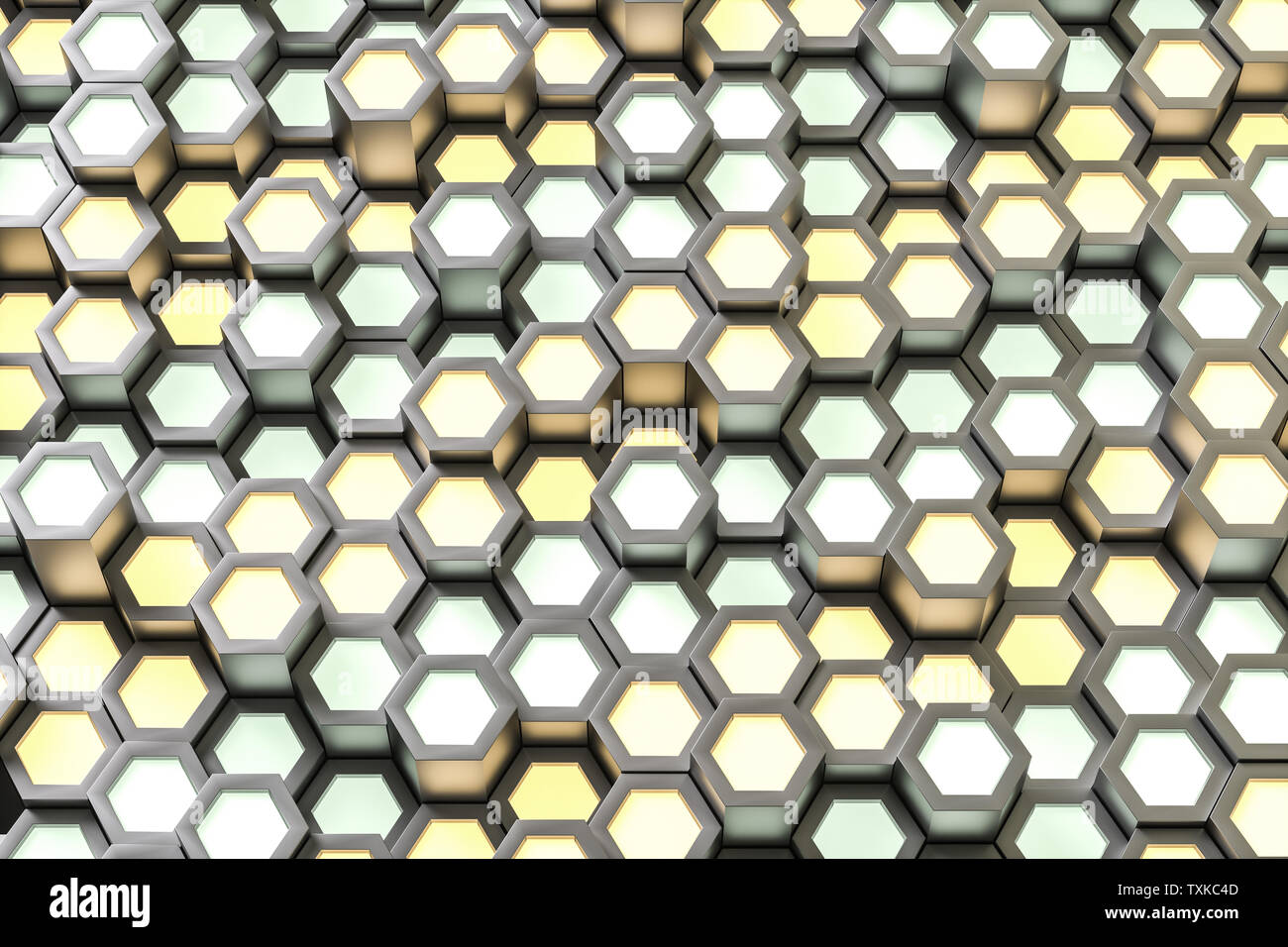 Golden hexagonal metallic background, three-dimensional rendering Stock Photo