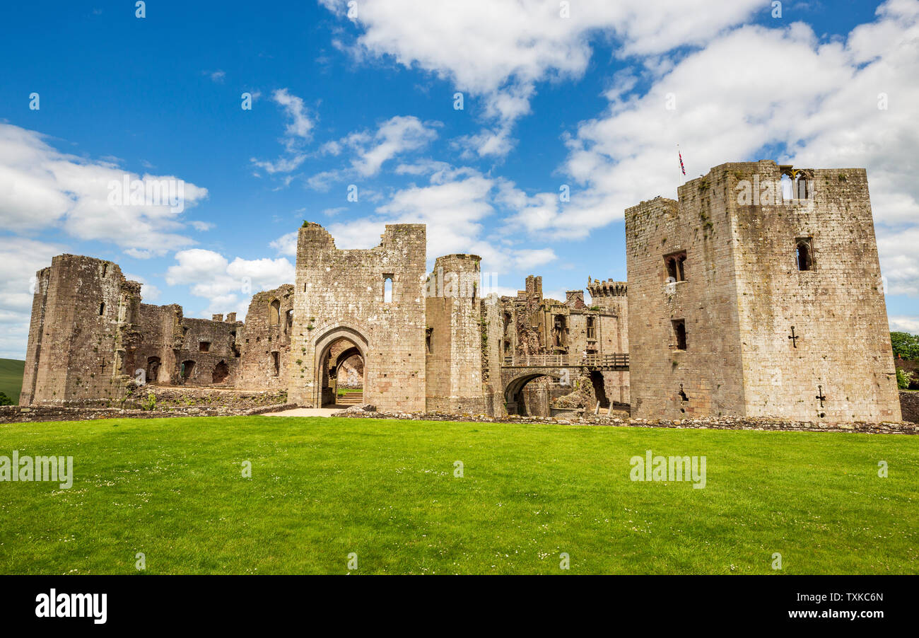 A view from the south of Raglan Castle and its interior from the Bowling Green, Raglan, Wales Stock Photo