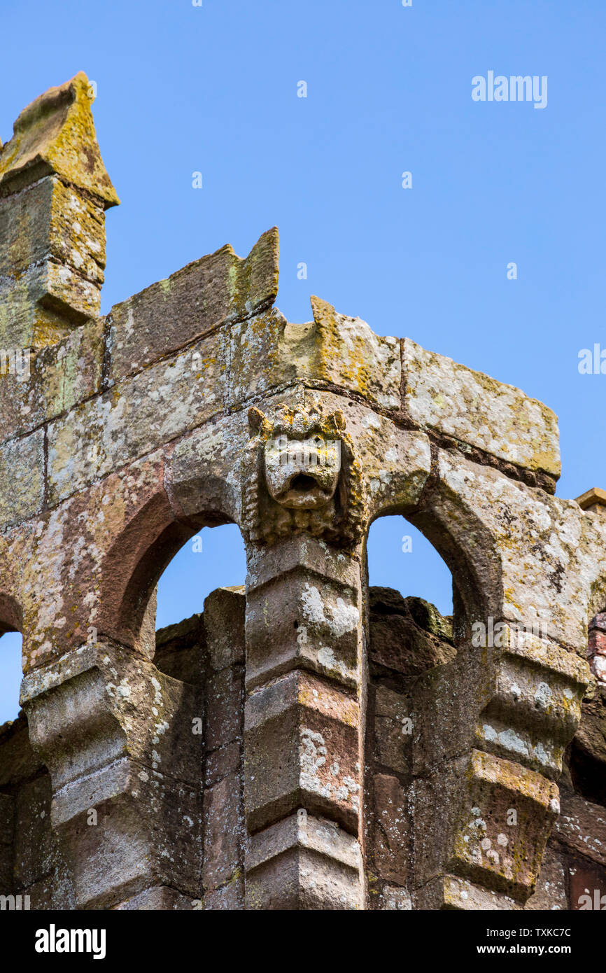 A Gargoyle on one of the towers to the Main Gate to Raglan Castle, Wales Stock Photo