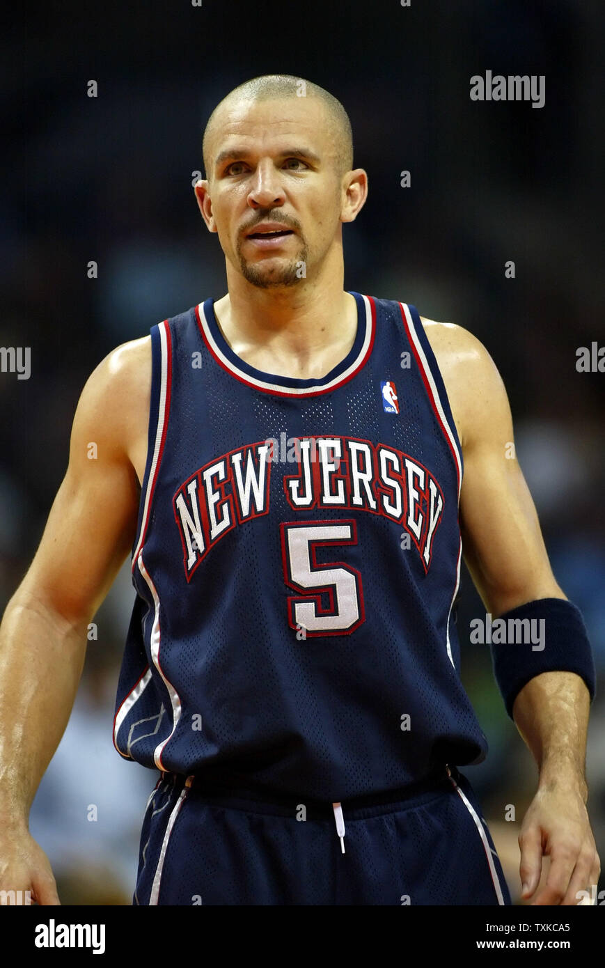 Guard Jason Kidd of the New Jersey Nets points down court during