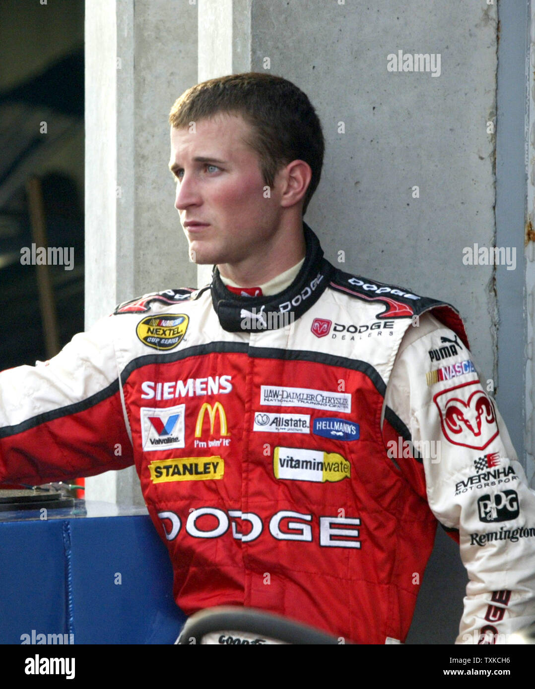 NASCAR driver Kasey Kahne stands in his garage stall during Nextel Cup practice for the Coca-Cola 600 at the Lowe's Motor Speedway in Charlotte, N.C., on May 27, 2006. (UPI Photo/Nell Redmond) Stock Photo