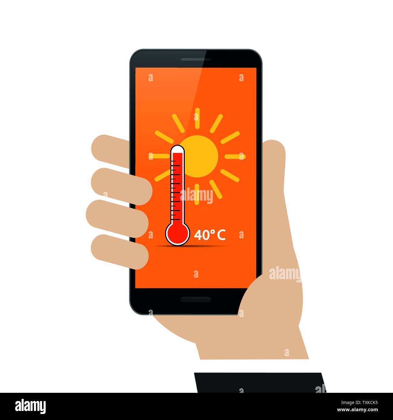 hand holds smartphone with summer weather report 40 degrees on display vector illustration EPS10 Stock Vector