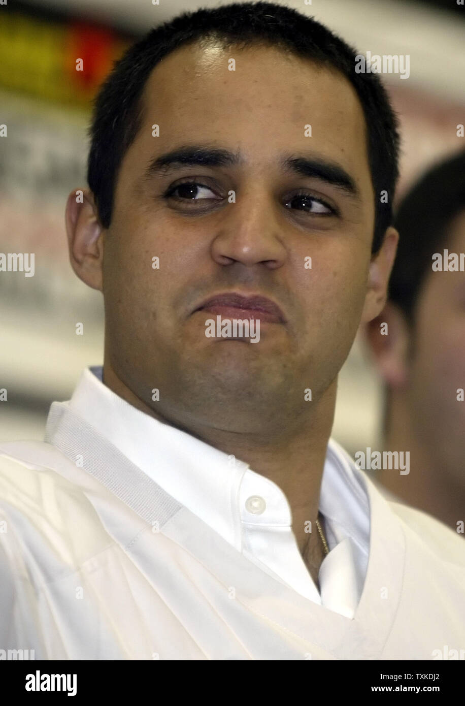 NASCAR driver Juan Pablo Montoya of Colombia answers questions during a press conference at Chip Ganassi Racing in Concord, NC on January 22, 2007 during the NASCAR NEXTEL Cup Media Tour. (UPI Photo/Nell Redmond) Stock Photo