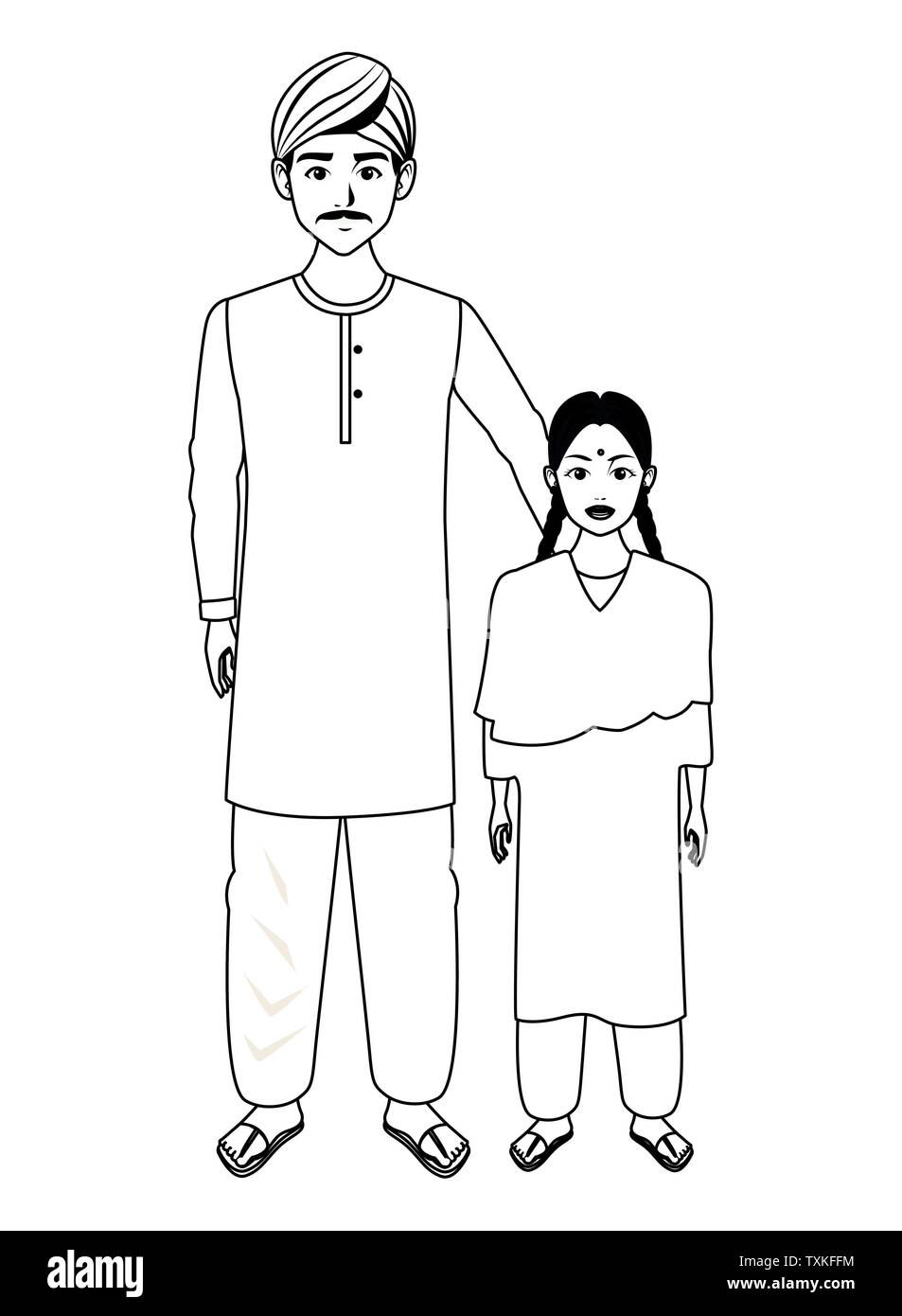 indian family avatar cartoon character in black and white Stock Vector ...