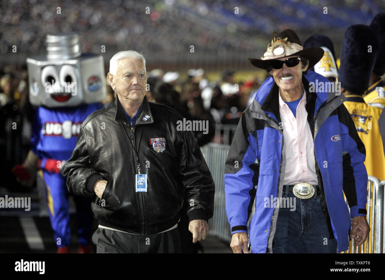 Racing legends Junior Johnson, left, and Richard Petty serve as grand marshals at the NASCAR Banking 500 Race at Lowe's Motor Speedway in Concord, North Carolina on October 17, 2009.        UPI/Nell Redmond . Stock Photo