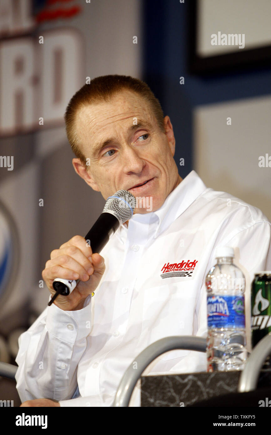 Mark Martin answers a question during the NASCAR media tour press conference at Hendrick Motorsports in Concord, North Carolina on January 20, 2010.        UPI/Nell Redmond . Stock Photo