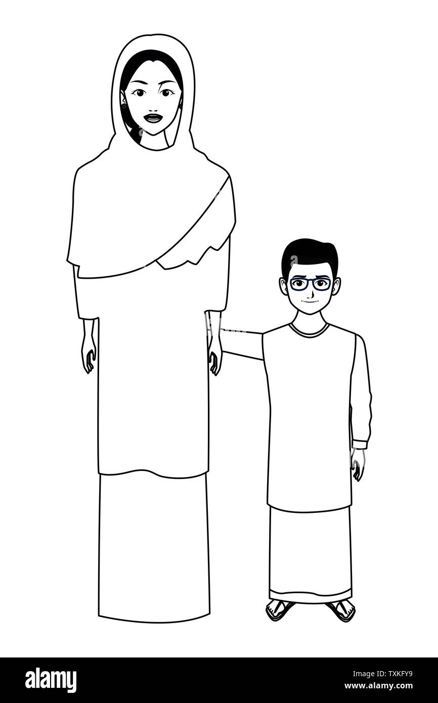 indian family avatar cartoon character in black and white Stock Vector ...